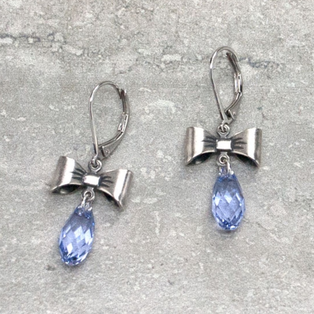 Purple bow crystal drop earrings